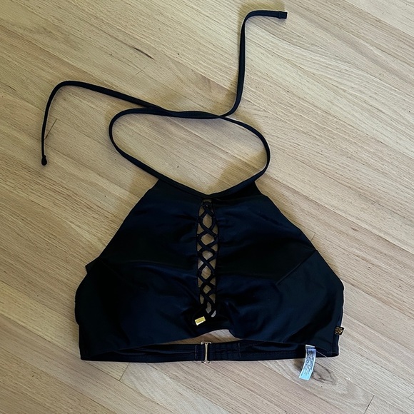 La Vie en Rose - Black Halter Bikini Top with Lace-Up Front - Large - Picture 1 of 8